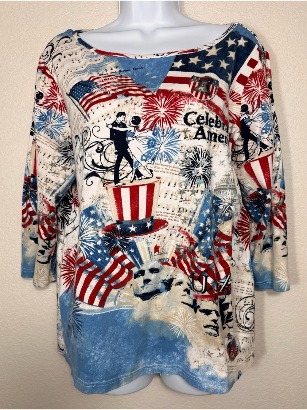 Christopher & Banks Womens Long Sleeve Patriotic Flag Print Top Red White Blue